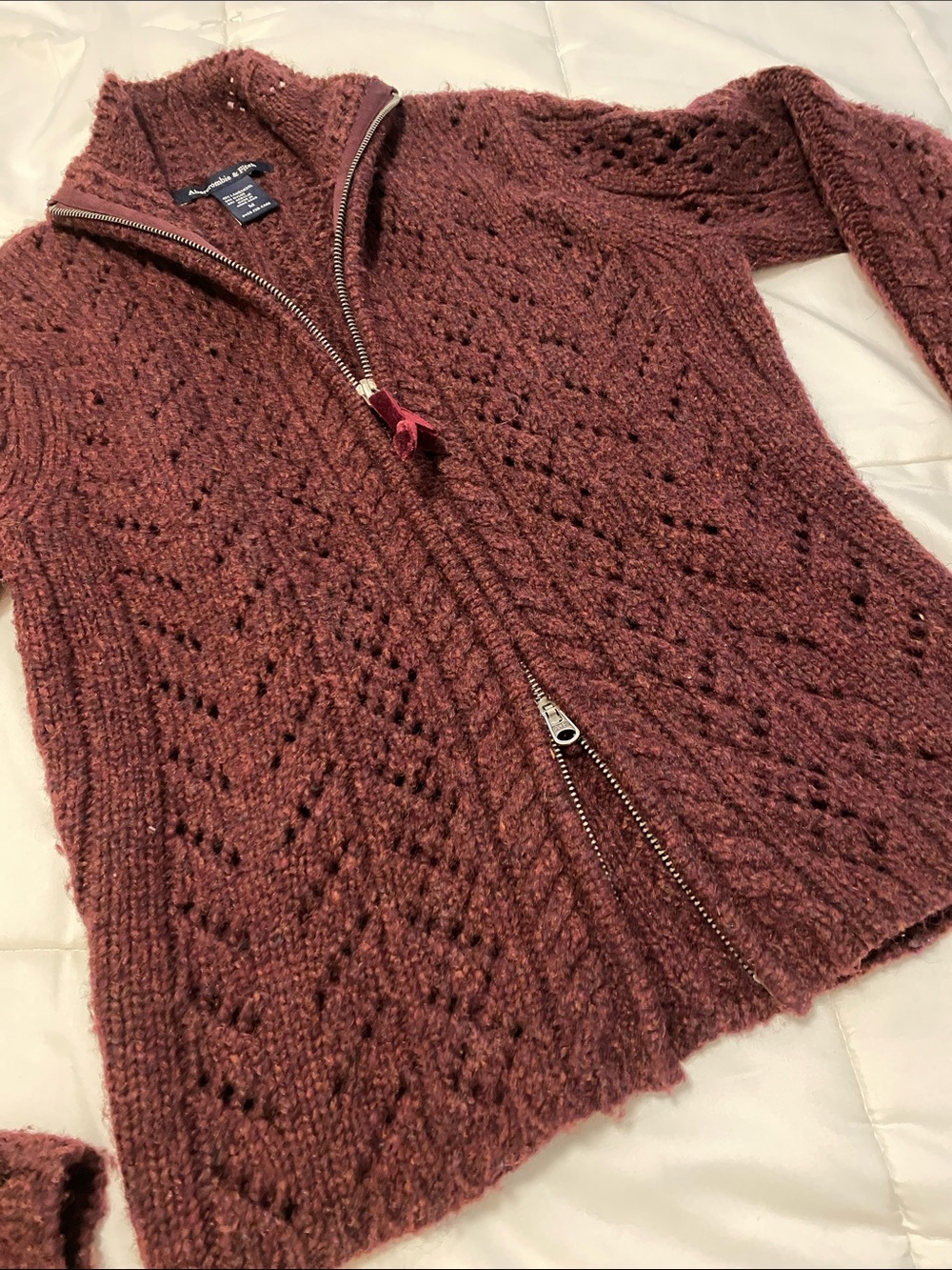 Abercrombie & Fitch Openwork Cable Zip Cardigan in Rusty Brown